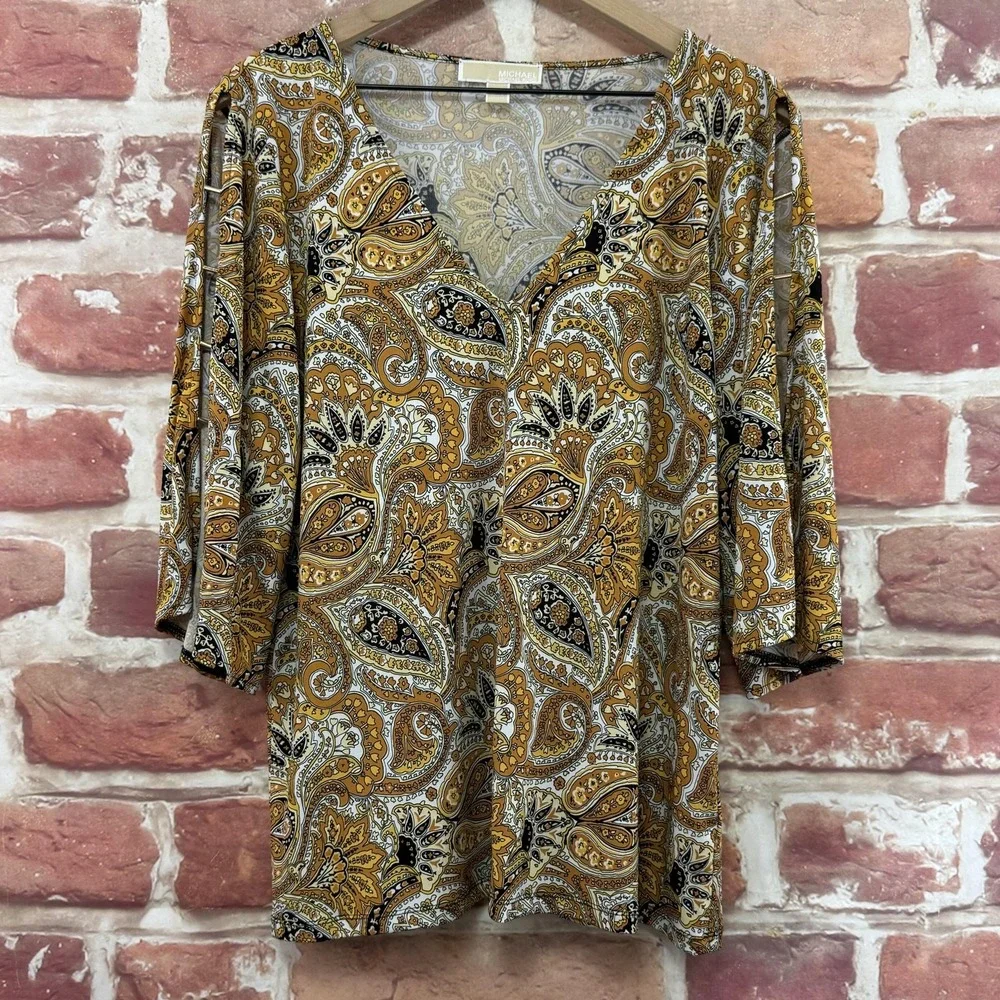 Michael Kors Top Women's L Yellow Boho Floral Metal Lattice Logo Sleeve Shirt